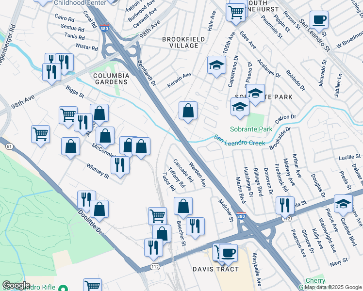 map of restaurants, bars, coffee shops, grocery stores, and more near 405 Warden Avenue in San Leandro