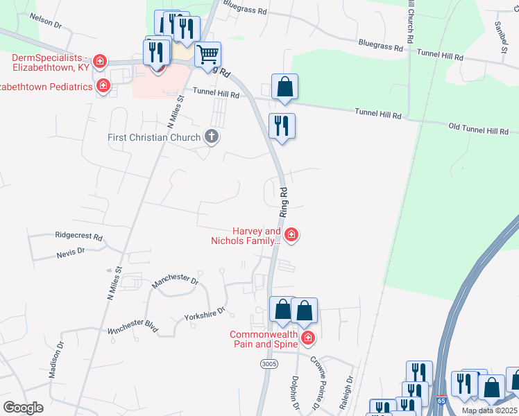 map of restaurants, bars, coffee shops, grocery stores, and more near 1306B Farmingdale Drive in Elizabethtown