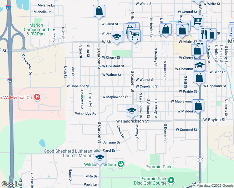 map of restaurants, bars, coffee shops, grocery stores, and more near 1600-1698 W Maplewood St in Marion