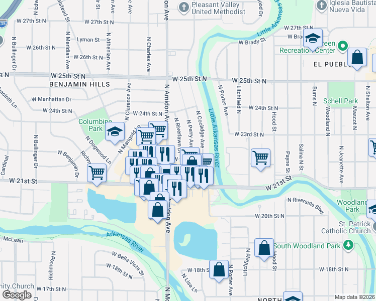 map of restaurants, bars, coffee shops, grocery stores, and more near 2410 Riverlawn in Wichita