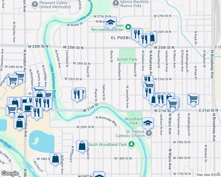 map of restaurants, bars, coffee shops, grocery stores, and more near 2354 Burns North in Wichita