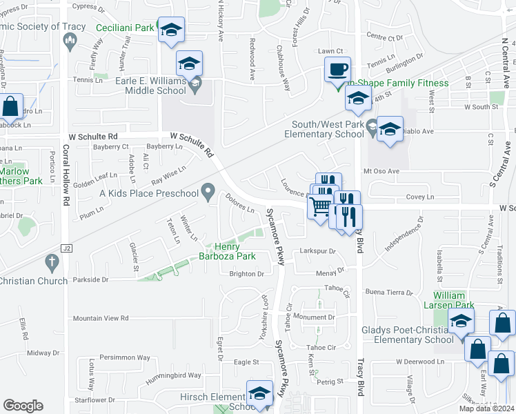 map of restaurants, bars, coffee shops, grocery stores, and more near 1285 Dolores Lane in Tracy