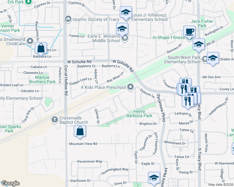 map of restaurants, bars, coffee shops, grocery stores, and more near 1591 Spring Court in Tracy
