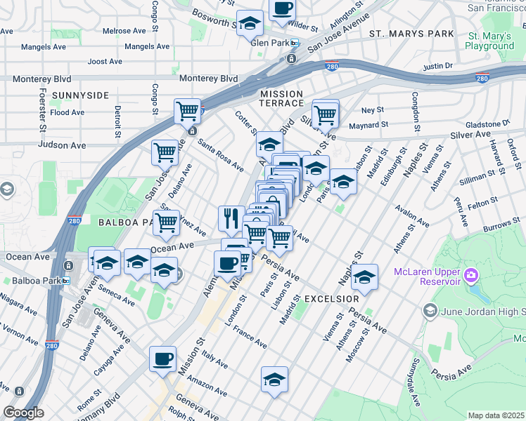map of restaurants, bars, coffee shops, grocery stores, and more near 36 Norton Street in San Francisco