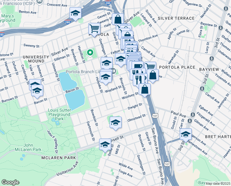 map of restaurants, bars, coffee shops, grocery stores, and more near 552 Goettingen Street in San Francisco