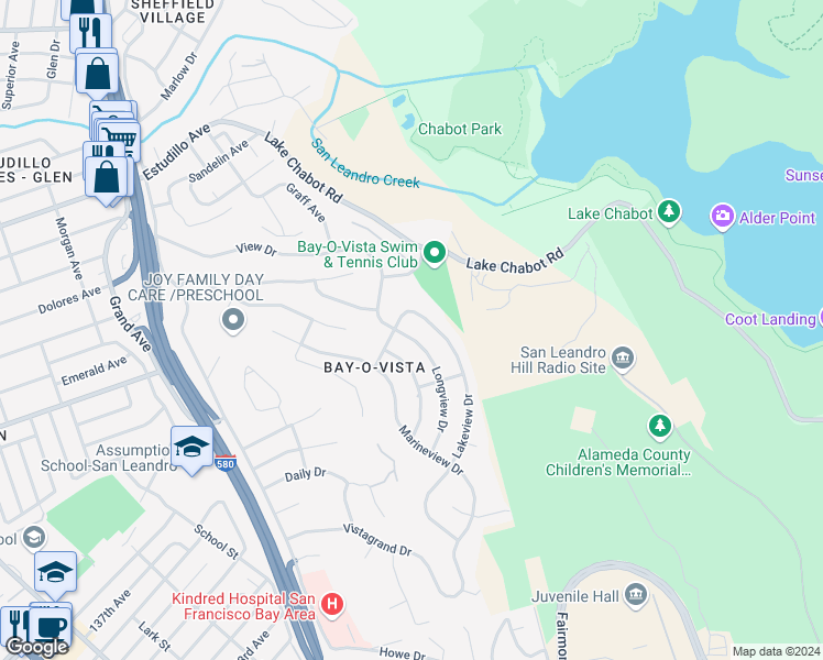 map of restaurants, bars, coffee shops, grocery stores, and more near 2132 Longview Drive in San Leandro
