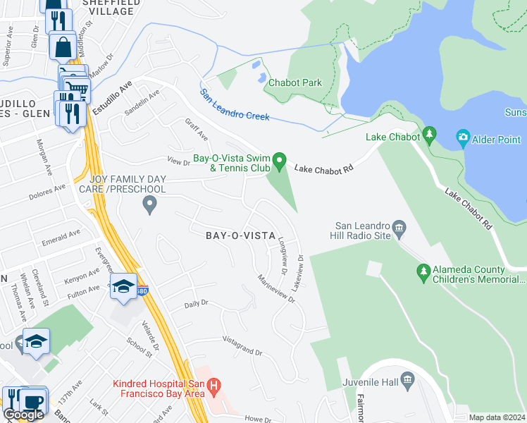 map of restaurants, bars, coffee shops, grocery stores, and more near 2132 Longview Drive in San Leandro