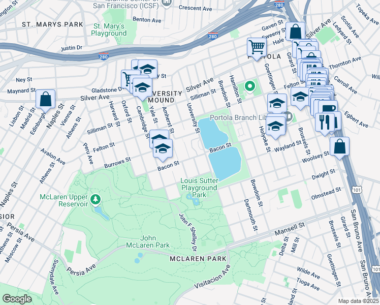 map of restaurants, bars, coffee shops, grocery stores, and more near 374 Princeton Street in San Francisco