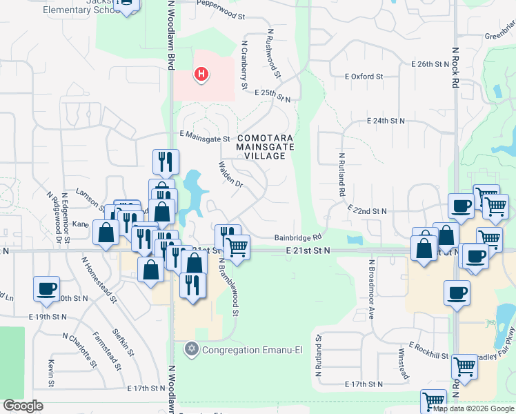 map of restaurants, bars, coffee shops, grocery stores, and more near 6804 East Trinity Circle in Wichita