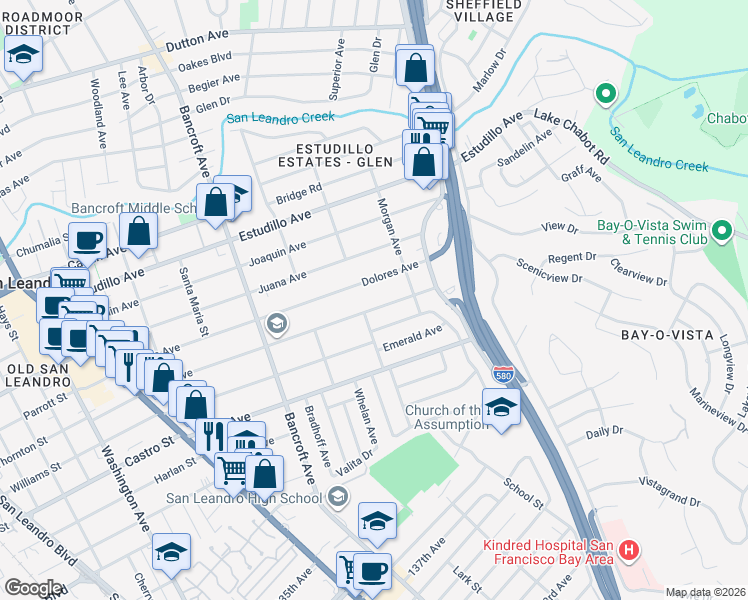 map of restaurants, bars, coffee shops, grocery stores, and more near 824 Maud Avenue in San Leandro