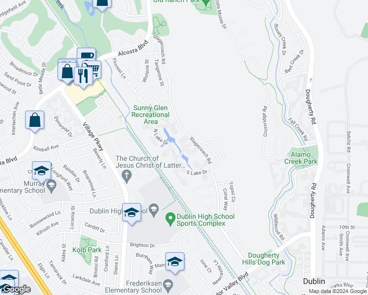 map of restaurants, bars, coffee shops, grocery stores, and more near 6929 Lake Drive in Dublin