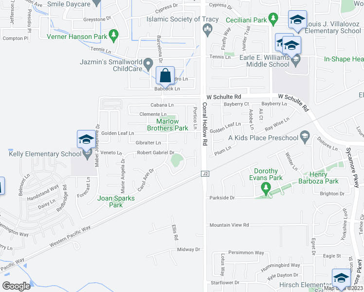map of restaurants, bars, coffee shops, grocery stores, and more near 413 Golden Leaf Court in Tracy
