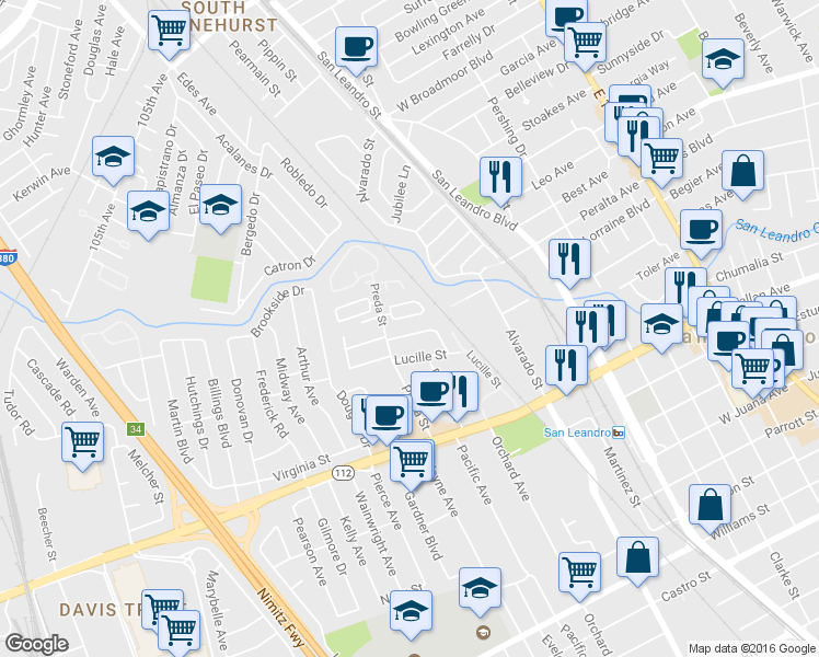 map of restaurants, bars, coffee shops, grocery stores, and more near 1118 Minerva Street in San Leandro