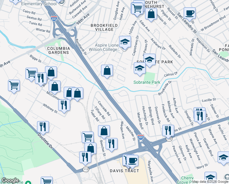 map of restaurants, bars, coffee shops, grocery stores, and more near 542 White Fir Drive in San Leandro