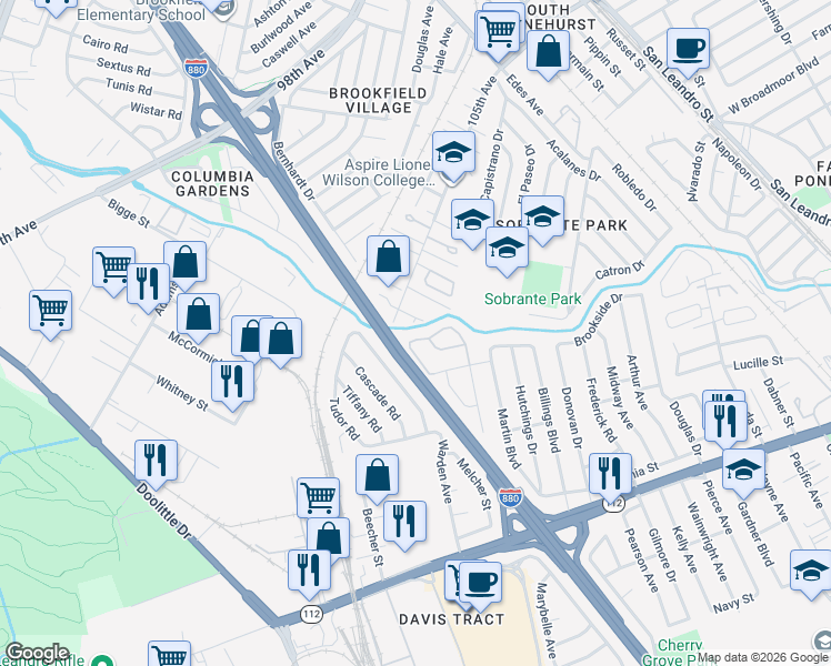 map of restaurants, bars, coffee shops, grocery stores, and more near 542 White Fir Drive in San Leandro
