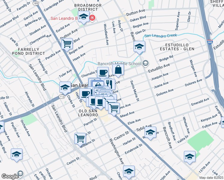 map of restaurants, bars, coffee shops, grocery stores, and more near 332 Joaquin Avenue in San Leandro