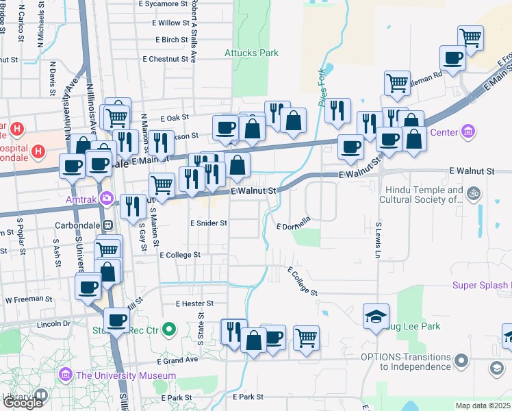 map of restaurants, bars, coffee shops, grocery stores, and more near 302A South Walker Street in Carbondale