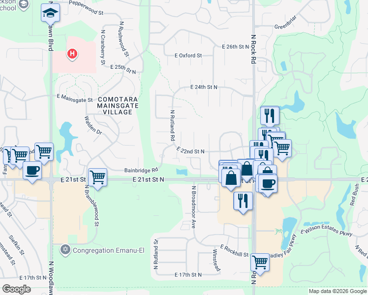 map of restaurants, bars, coffee shops, grocery stores, and more near 7333 East 22nd Street North in Wichita