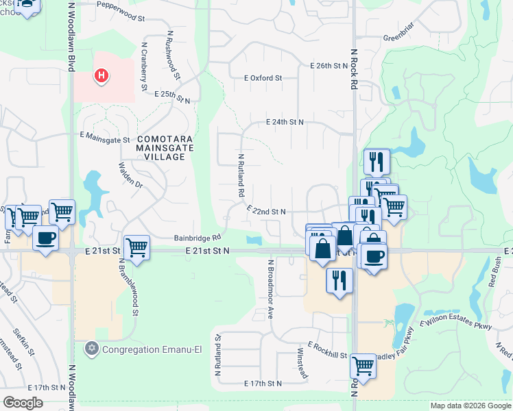 map of restaurants, bars, coffee shops, grocery stores, and more near 7333 East 22nd Street North in Wichita