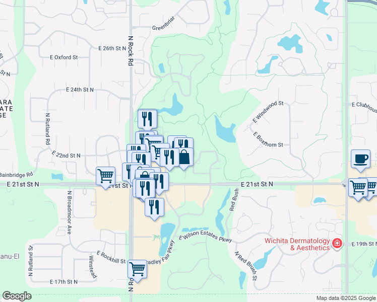 map of restaurants, bars, coffee shops, grocery stores, and more near 2280 North Tara Circle in Wichita