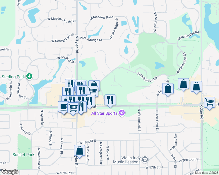 map of restaurants, bars, coffee shops, grocery stores, and more near 2301 North High Point Circle in Wichita