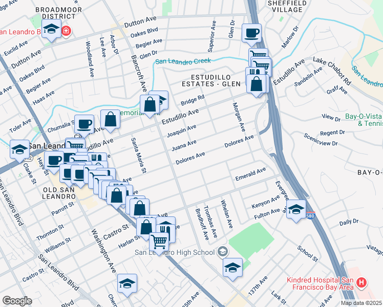map of restaurants, bars, coffee shops, grocery stores, and more near 688 Dolores Avenue in San Leandro