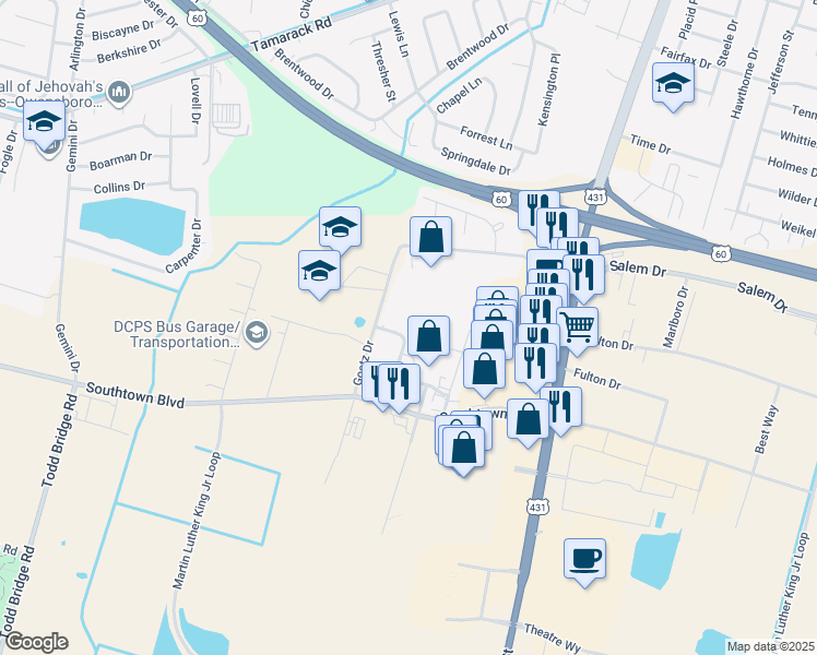 map of restaurants, bars, coffee shops, grocery stores, and more near 4635 Sydney Lane in Owensboro