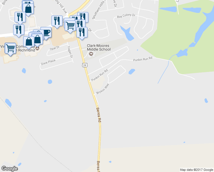 map of restaurants, bars, coffee shops, grocery stores, and more near 145 Bryson Way in Richmond