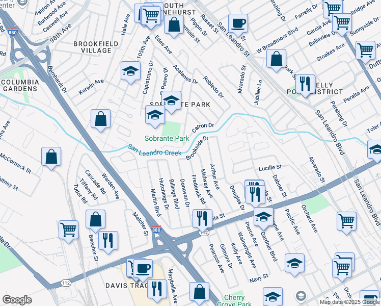 map of restaurants, bars, coffee shops, grocery stores, and more near 1538 Brookside Drive in San Leandro