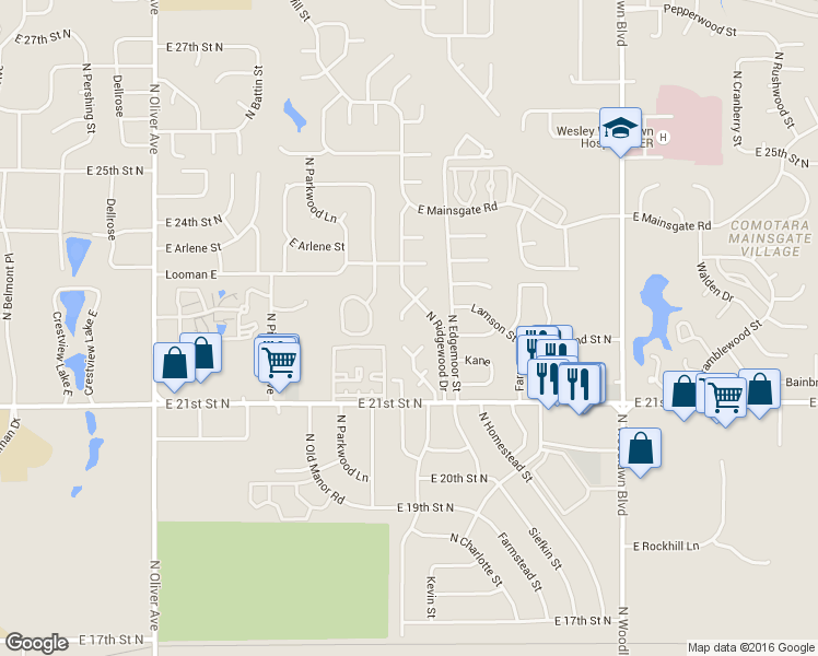 map of restaurants, bars, coffee shops, grocery stores, and more near 2335 North Ridgewood Court in Wichita