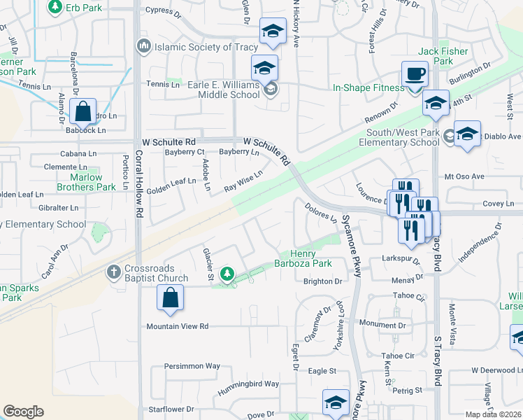 map of restaurants, bars, coffee shops, grocery stores, and more near 1591 Spring Court in Tracy