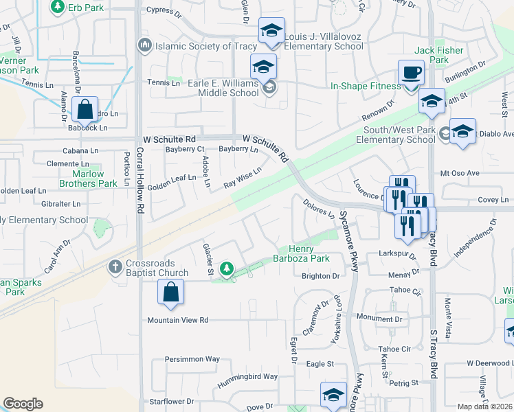 map of restaurants, bars, coffee shops, grocery stores, and more near 1591 Spring Court in Tracy