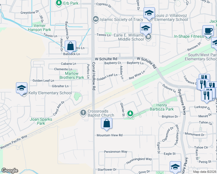 map of restaurants, bars, coffee shops, grocery stores, and more near 1870 Plum Lane in Tracy