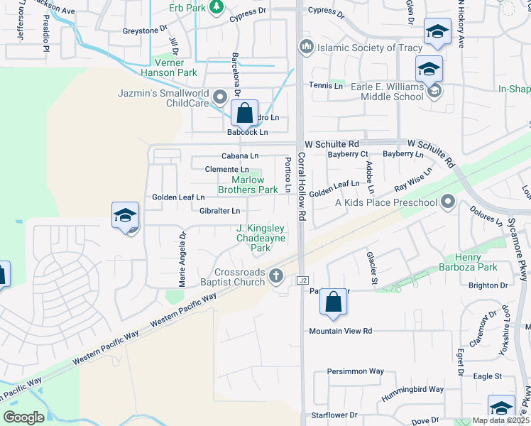 map of restaurants, bars, coffee shops, grocery stores, and more near 413 Golden Leaf Court in Tracy