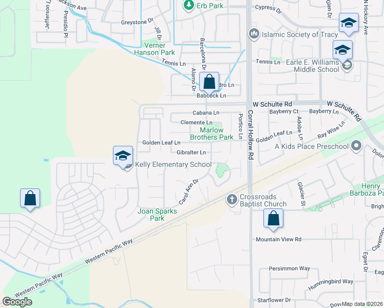 map of restaurants, bars, coffee shops, grocery stores, and more near 2261 Robert Gabriel Drive in Tracy