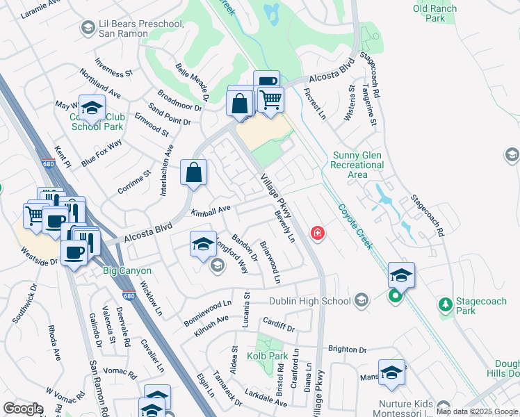 map of restaurants, bars, coffee shops, grocery stores, and more near 8640 Beverly Lane in Dublin
