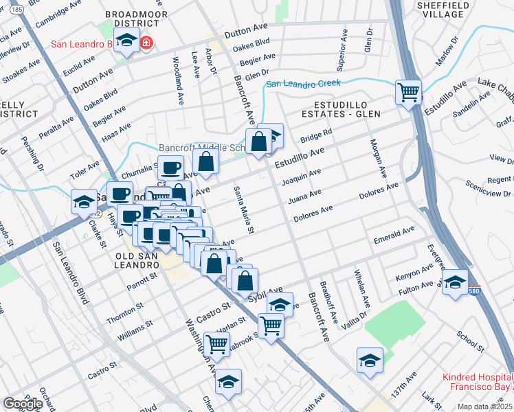 map of restaurants, bars, coffee shops, grocery stores, and more near 555 Juana Avenue in San Leandro