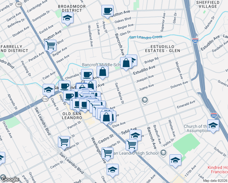 map of restaurants, bars, coffee shops, grocery stores, and more near 494 Juana Avenue in San Leandro