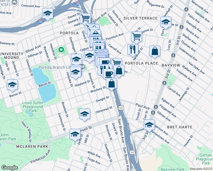 map of restaurants, bars, coffee shops, grocery stores, and more near in San Francisco