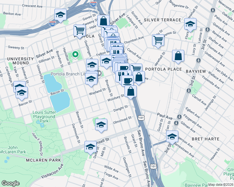 map of restaurants, bars, coffee shops, grocery stores, and more near 250 Woolsey Street in San Francisco