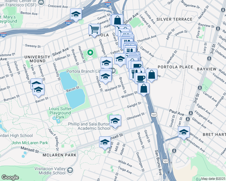 map of restaurants, bars, coffee shops, grocery stores, and more near 552 Goettingen Street in San Francisco