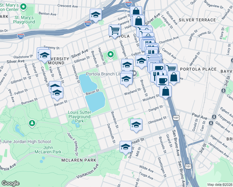 map of restaurants, bars, coffee shops, grocery stores, and more near 475 Hamilton Street in San Francisco