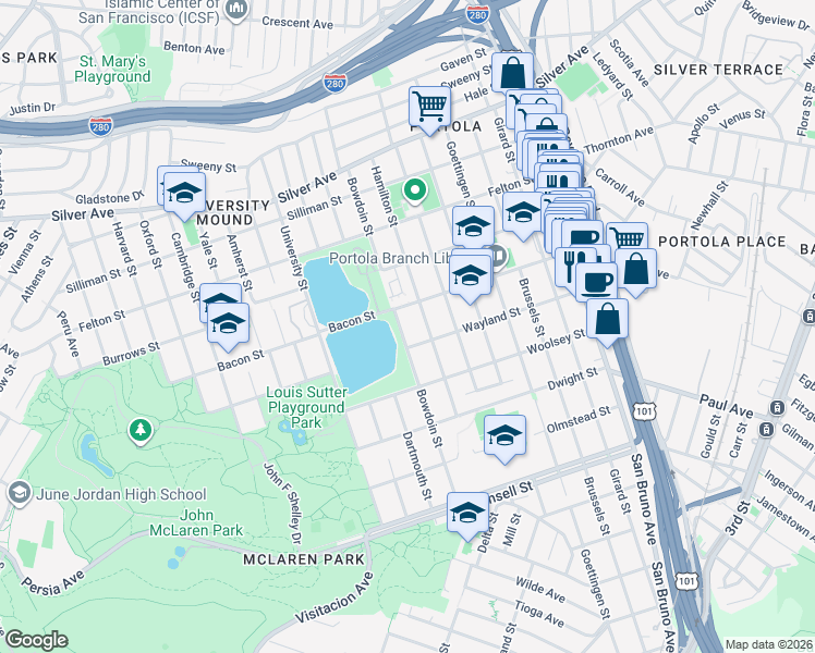 map of restaurants, bars, coffee shops, grocery stores, and more near 869 Bowdoin Street in San Francisco