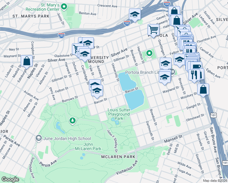 map of restaurants, bars, coffee shops, grocery stores, and more near 368A Princeton Street in San Francisco