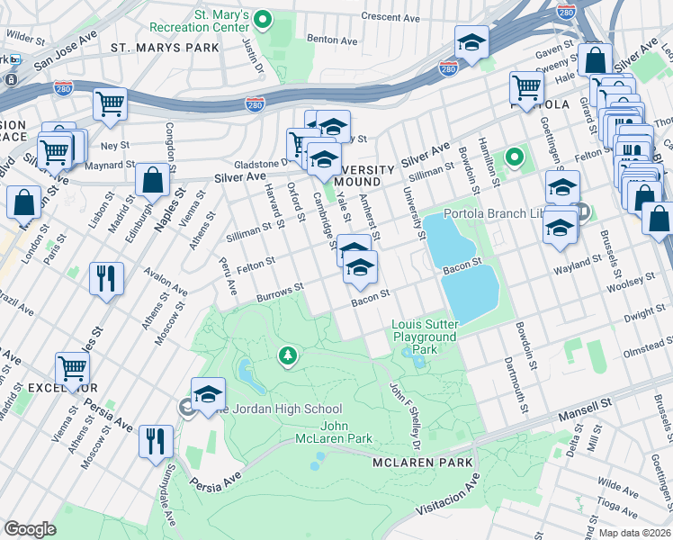 map of restaurants, bars, coffee shops, grocery stores, and more near 508 Cambridge Street in San Francisco
