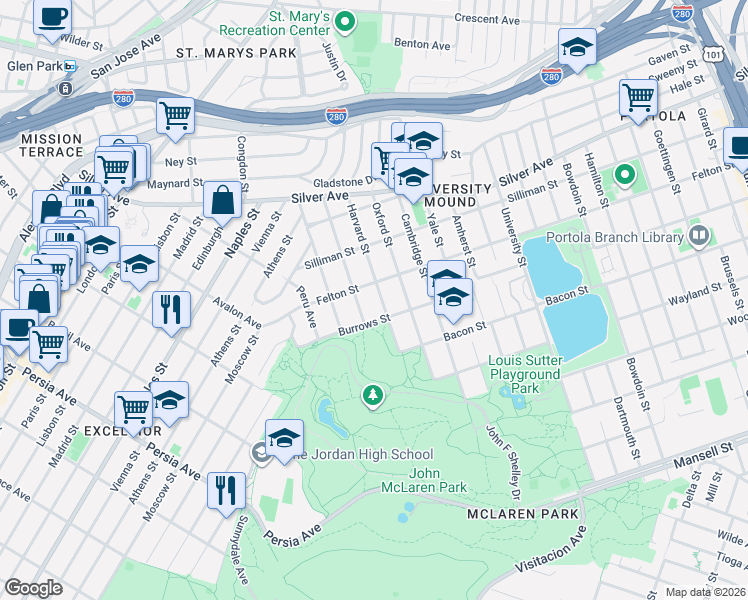 map of restaurants, bars, coffee shops, grocery stores, and more near 345 Gambier Street in San Francisco