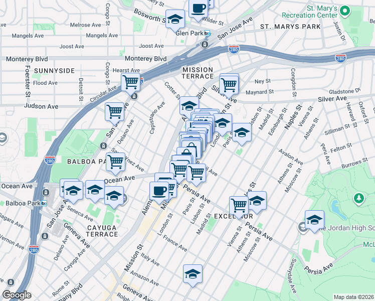 map of restaurants, bars, coffee shops, grocery stores, and more near 4581 Mission Street in San Francisco