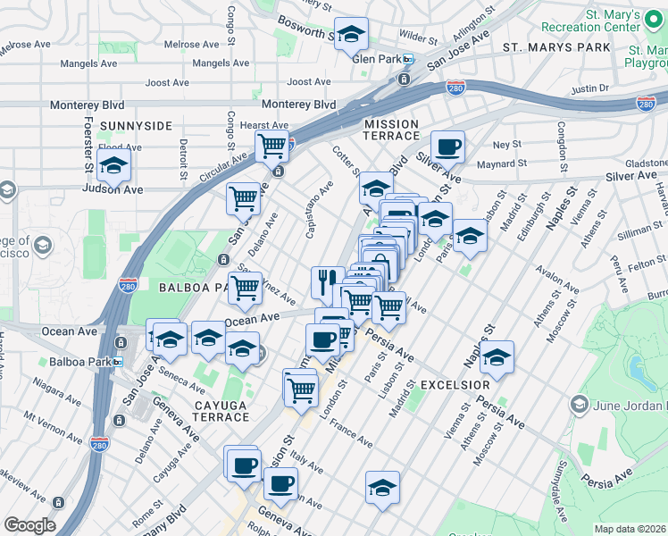 map of restaurants, bars, coffee shops, grocery stores, and more near 130 San Juan Avenue in San Francisco