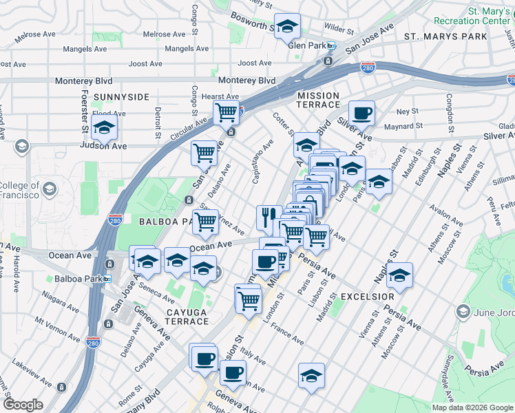 map of restaurants, bars, coffee shops, grocery stores, and more near 130 San Juan Avenue in San Francisco