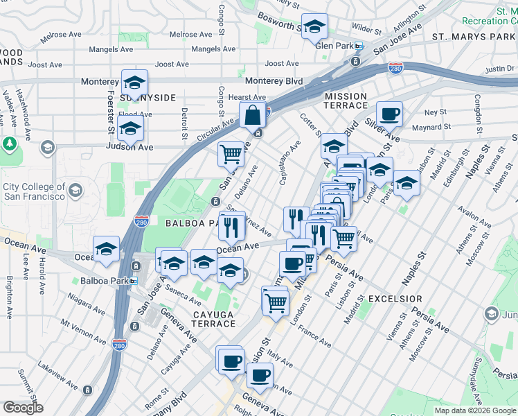 map of restaurants, bars, coffee shops, grocery stores, and more near 437 Capistrano Avenue in San Francisco